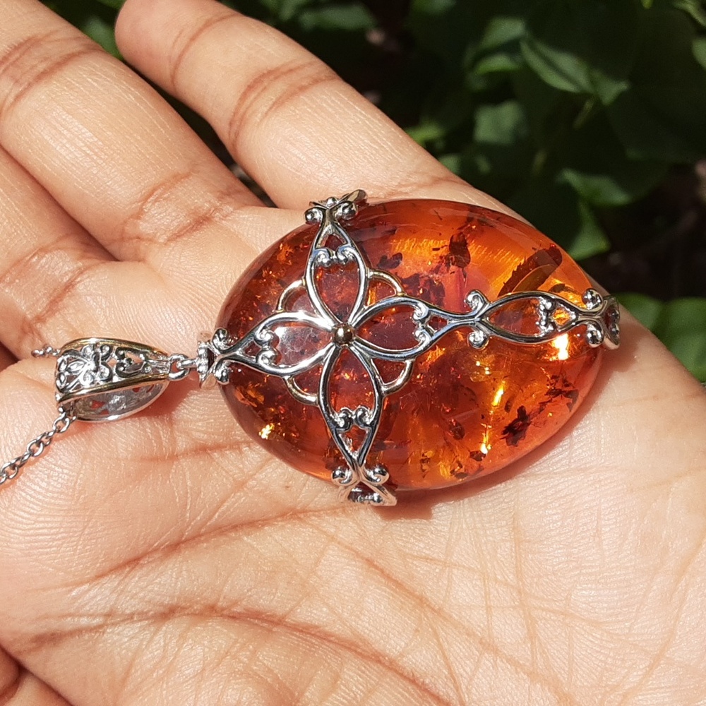 925 Genuine Cross Caged Amber Pendant and Chain. FIRM. Please Look At Pictures.